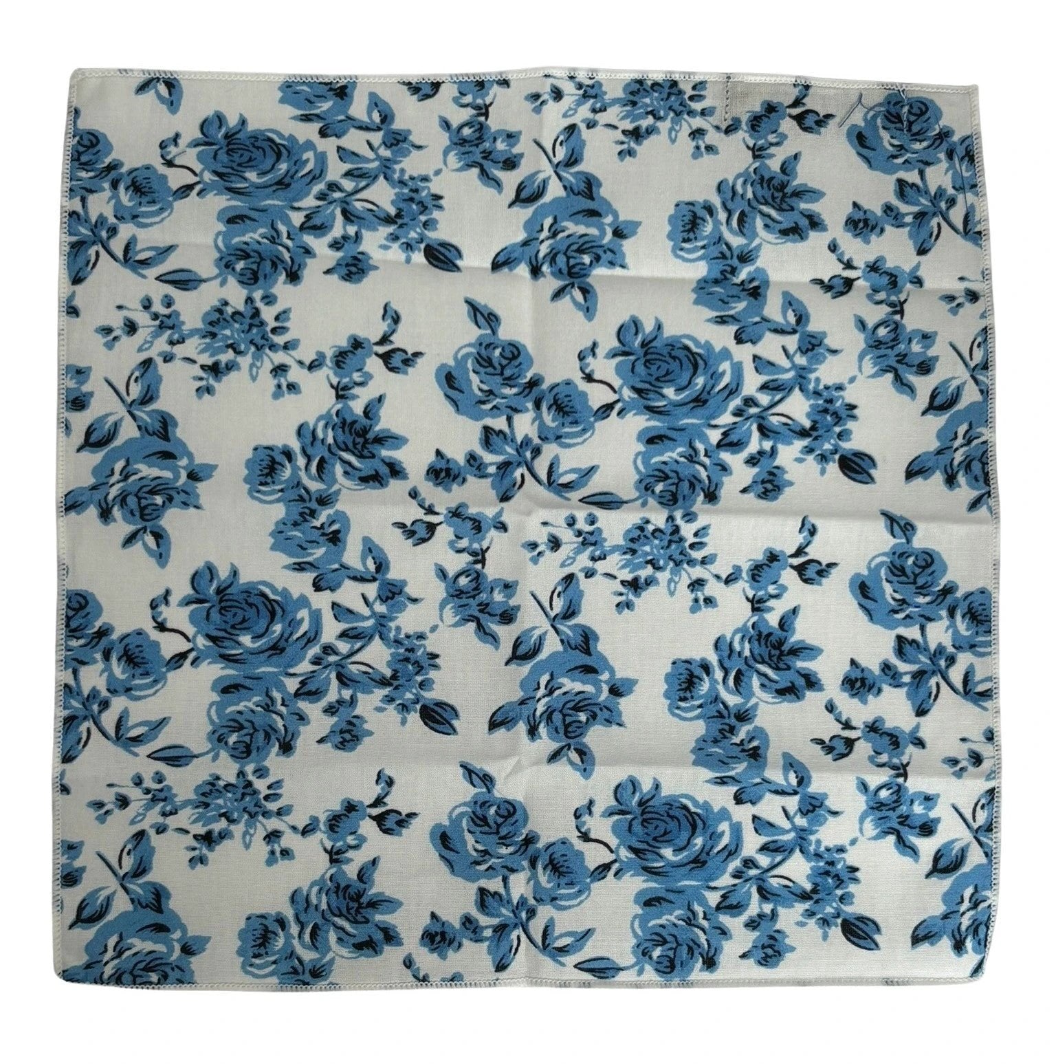 Ivory Cotton Pocket Square With Blue Rose Design - Handcrafted By Frederick Thomas For Timeless Tailoring by Frederick Thomas Handmade Mens Ties