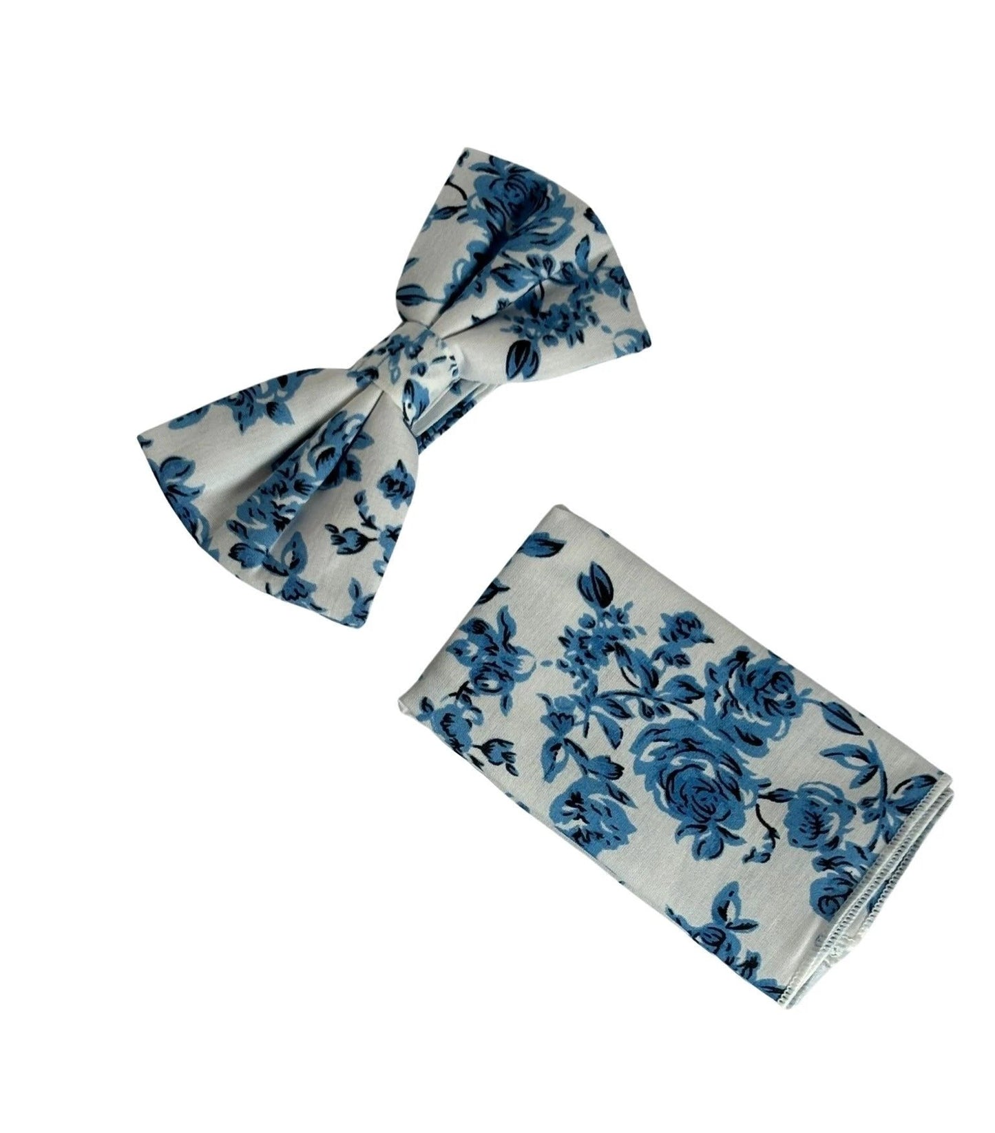 Ivory Cotton Bow Tie With Blue Rose Design And Matching Pocket Square - Elegant Formalwear Set For All Day Comfort by Frederick Thomas Handmade Mens Ties