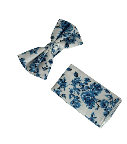 Ivory Cotton Bow Tie With Blue Rose Design And Matching Pocket Square - Elegant Formalwear Set For All Day Comfort by Frederick Thomas Handmade Mens Ties