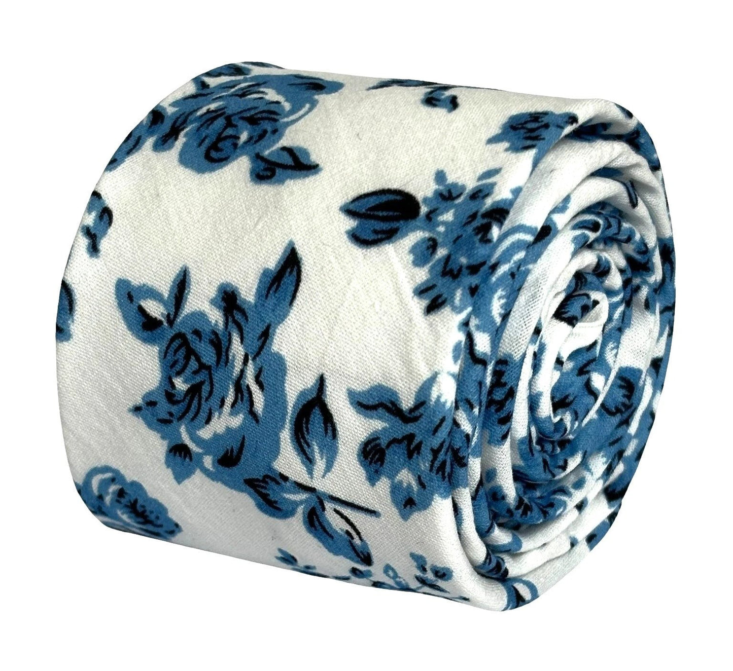Ivory With Blue Rose Design Cotton Tie By Frederick Thomas - Handmade For Timeless Elegance And Contemporary Finish by Frederick Thomas Handmade Mens Ties