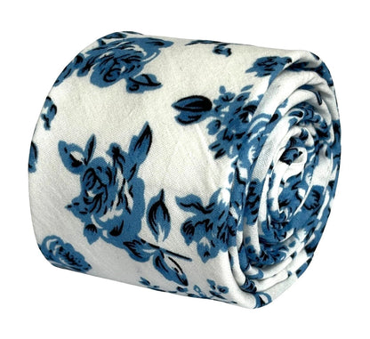 Ivory With Blue Rose Design Cotton Tie By Frederick Thomas - Handmade For Timeless Elegance And Contemporary Finish by Frederick Thomas Handmade Mens Ties