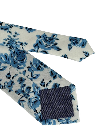Ivory With Blue Rose Design Cotton Tie By Frederick Thomas - Handmade For Timeless Elegance And Contemporary Finish by Frederick Thomas Handmade Mens Ties