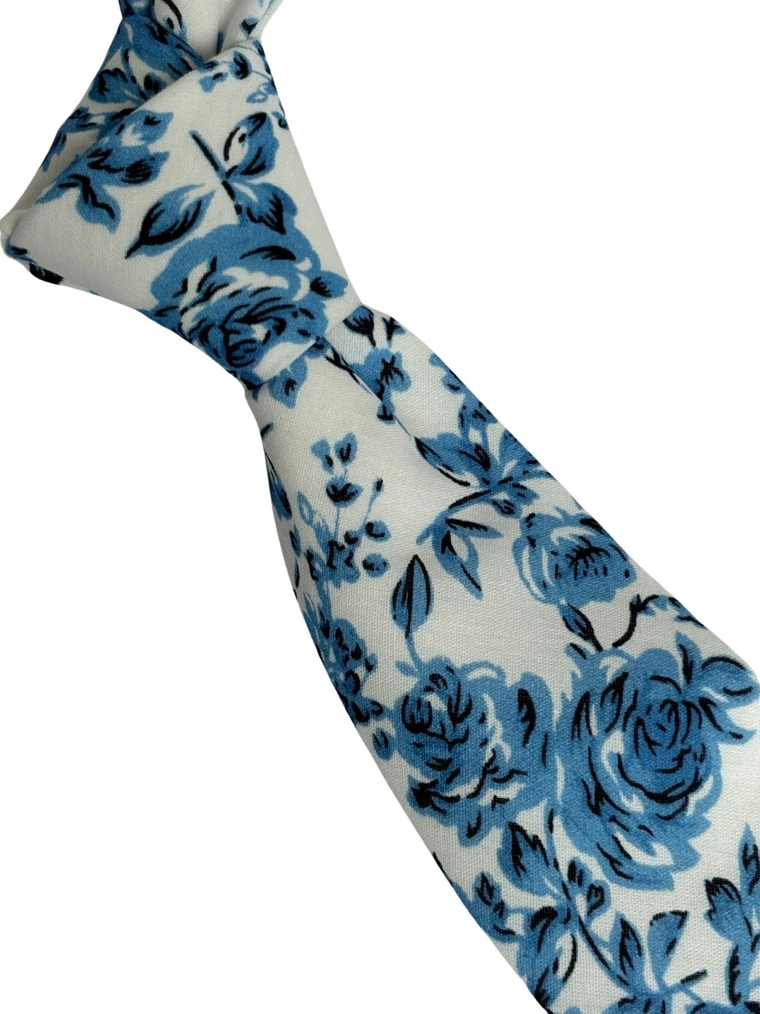 Ivory With Blue Rose Design Cotton Tie By Frederick Thomas - Handmade For Timeless Elegance And Contemporary Finish by Frederick Thomas Handmade Mens Ties