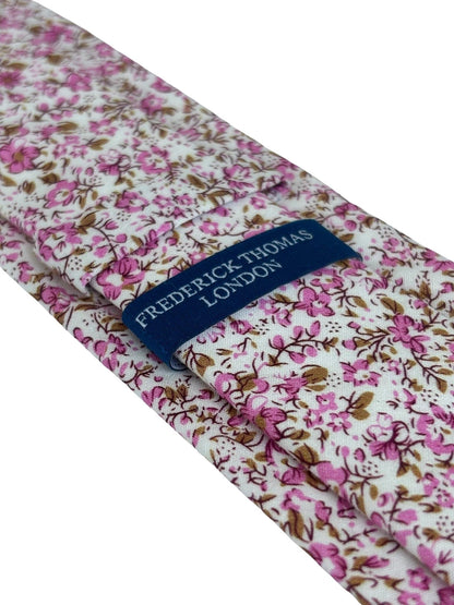 Ivory Cotton Tie - Subtle Pink English Wildflower Garden Design For Refined Professional Style In Meetings by Frederick Thomas Handmade Mens Ties