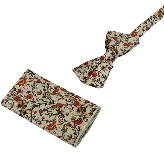 Liberty Style Red Climbing English Wildflower Bow Tie And Pocket Square - Handcrafted Heritage Print In Premium Cotton by Frederick Thomas Handmade Mens Ties