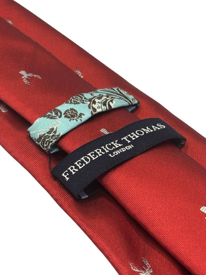 Frederick Thomas Handmade Dark Red Tie - Embroidered White Deer Head Focal Point For Modern Formalwear by Frederick Thomas Handmade Mens Ties