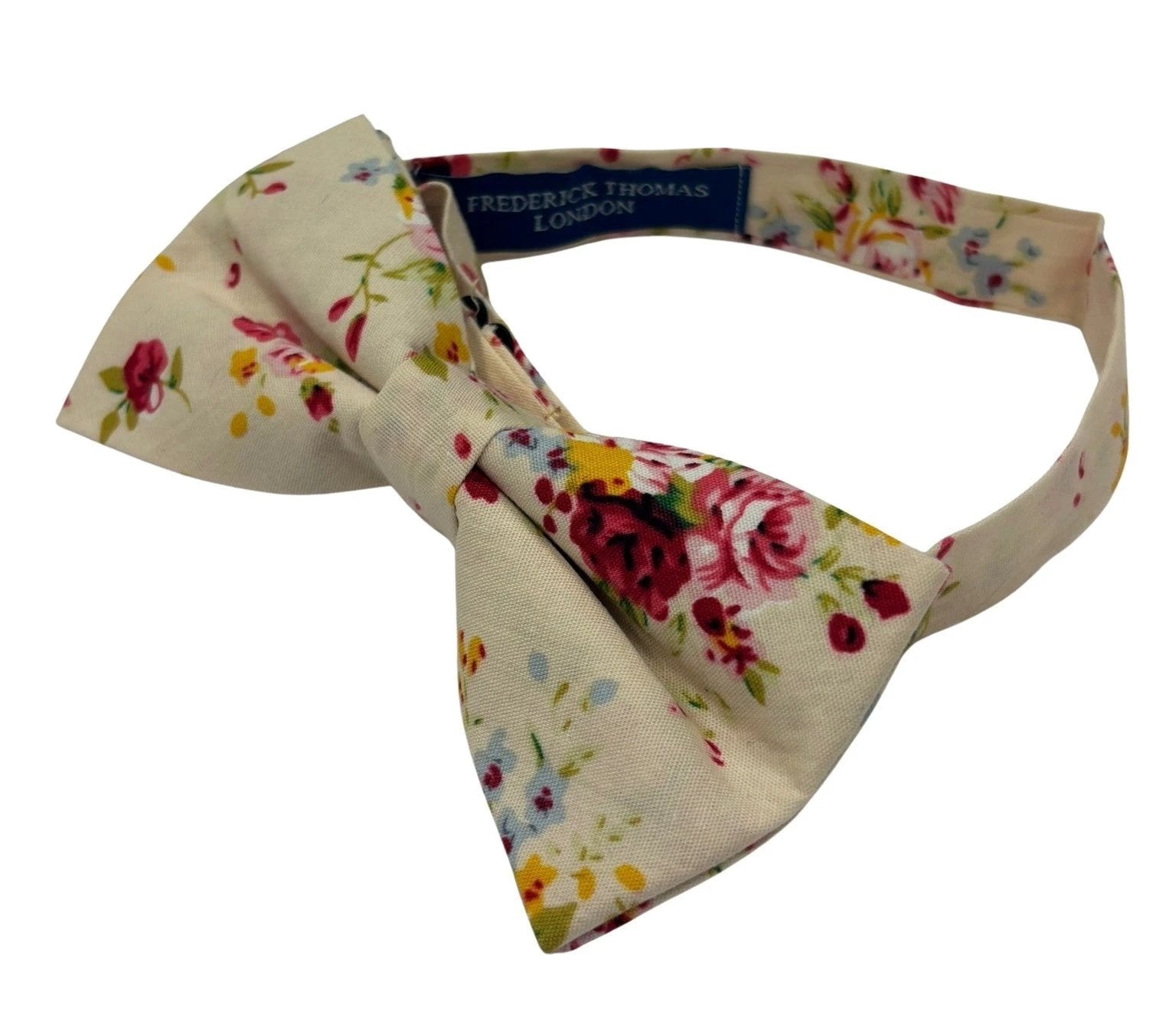 Ivory Cream Adult Cotton Bow Tie With Floral Design - Subtle Floral Motif For Elegant Desk To Dinner Wear by Frederick Thomas Handmade Mens Ties