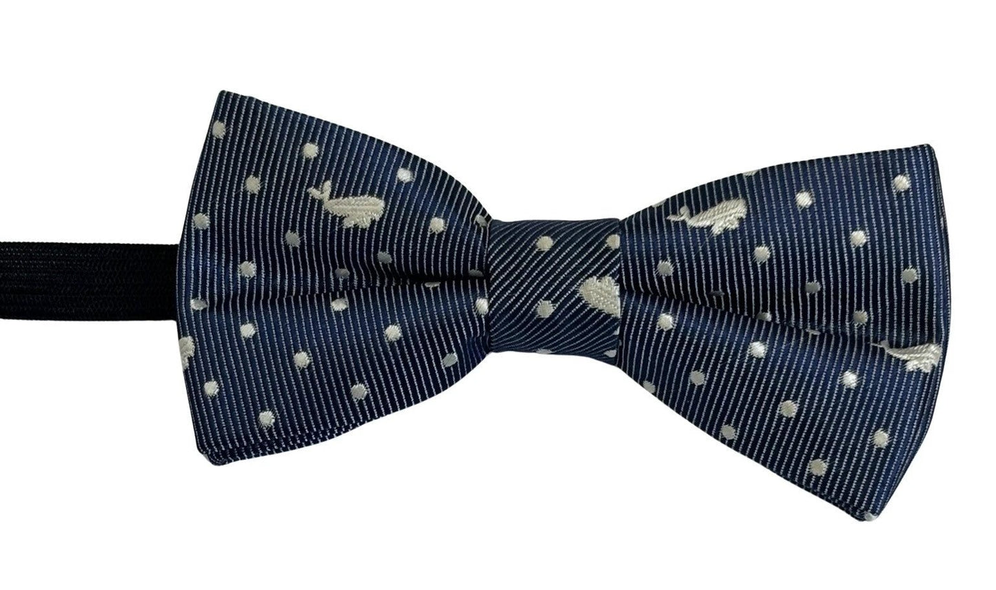 Dark Blue Navy Child's Bow Tie with White Whale Design by Frederick Thomas Handmade Mens Ties