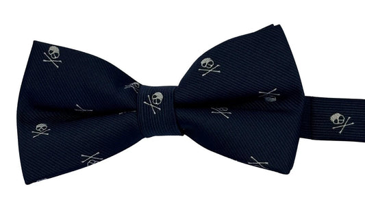 Navy Bow Tie With White And Blue Skull And Crossbone Design - Bold Timeless Tailoring Meets Contemporary Motif by Frederick Thomas Handmade Mens Ties