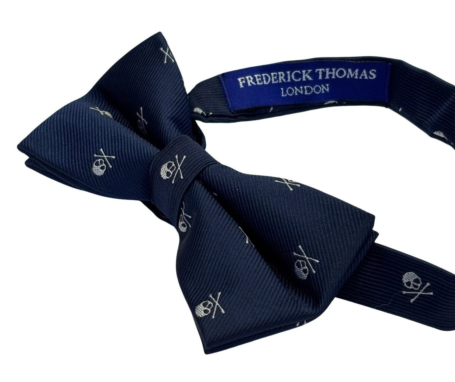 Matching Navy Bow Tie And Pocket Square Set - White Skull Design For Bold Formalwear by Frederick Thomas Handmade Mens Ties