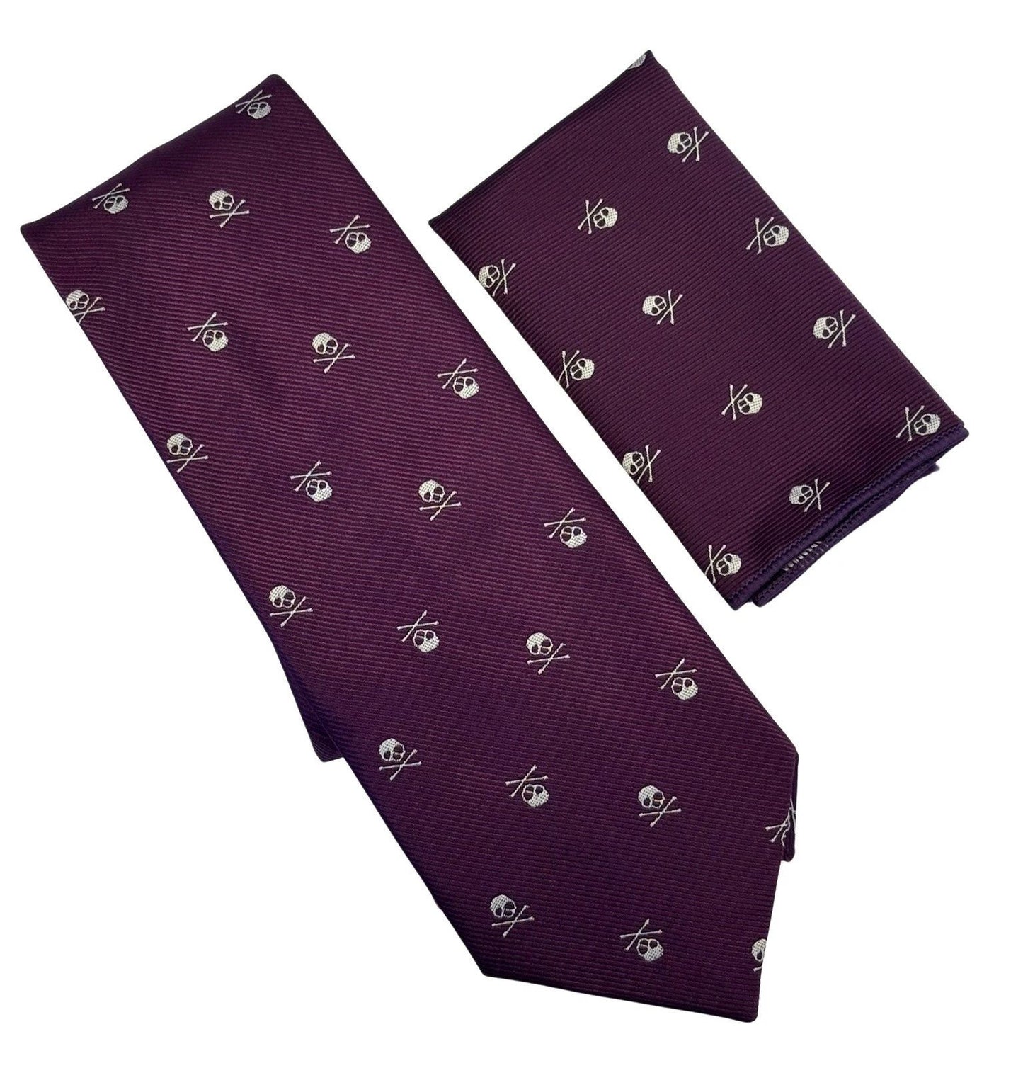 Matching Purple Tie And Pocket Square With White Skull And Crossbone Design - Luxury Style For Bold Professionals by Frederick Thomas Handmade Mens Ties