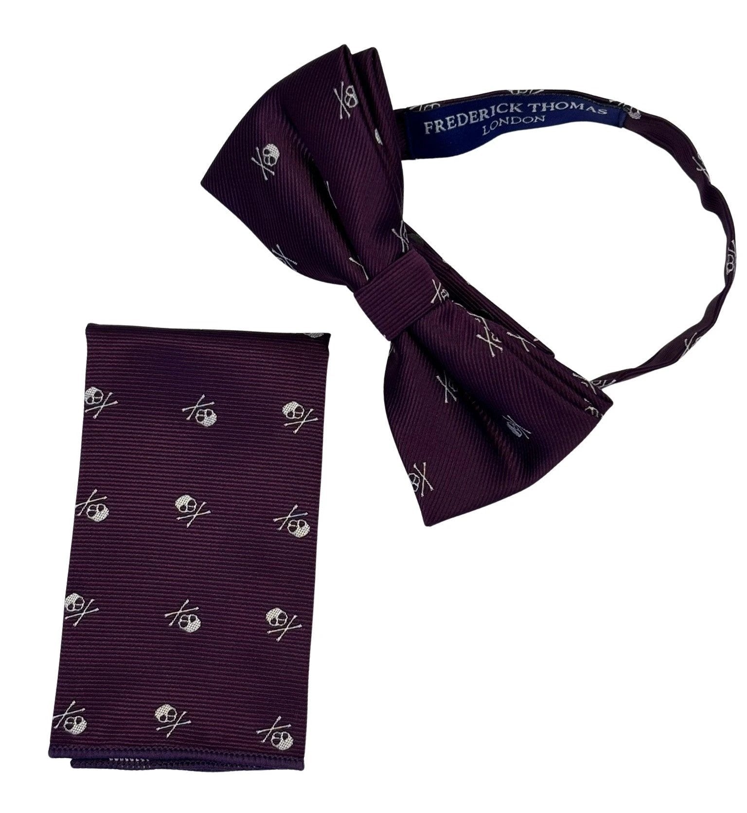 Frederick Thomas Matching Purple Bow Tie And Pocket Square - Bold White Skull And Crossbones Motif by Frederick Thomas Handmade Mens Ties