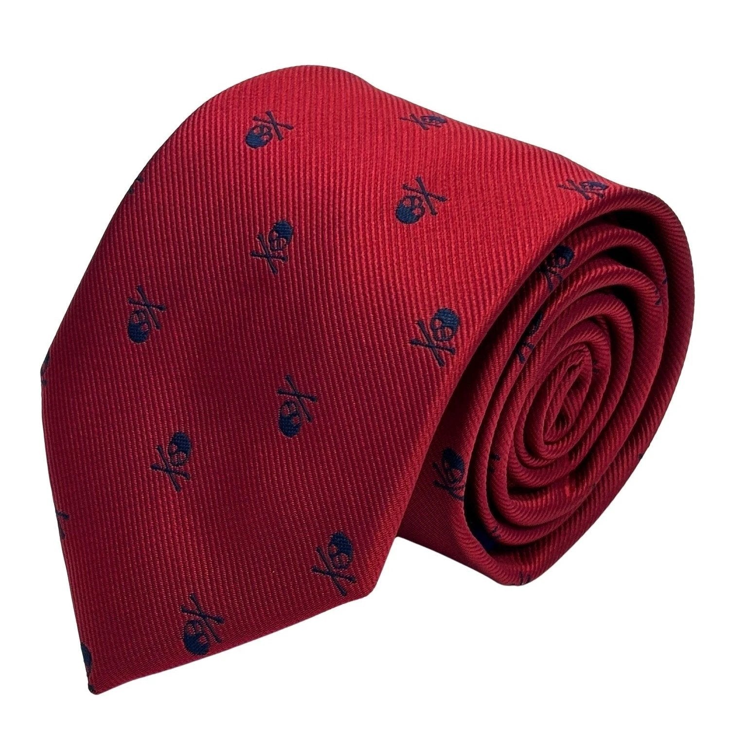 Dark Red Tie And Pocket Square Set - Navy Skull And Crossbones Motif For Bold Boardroom Style by Frederick Thomas Handmade Mens Ties