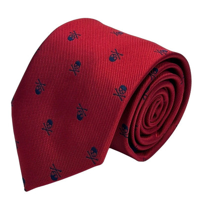 Dark Red Tie And Pocket Square Set - Navy Skull And Crossbones Motif For Bold Boardroom Style by Frederick Thomas Handmade Mens Ties