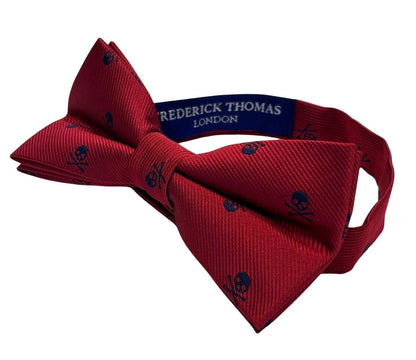 Frederick Thomas Handmade Bow Tie And Pocket Square - Bold Navy Skull And Crossbones Motif On Rich Red by Frederick Thomas Handmade Mens Ties