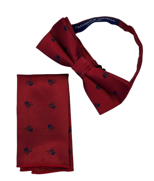Frederick Thomas Handmade Bow Tie And Pocket Square - Bold Navy Skull And Crossbones Motif On Rich Red by Frederick Thomas Handmade Mens Ties