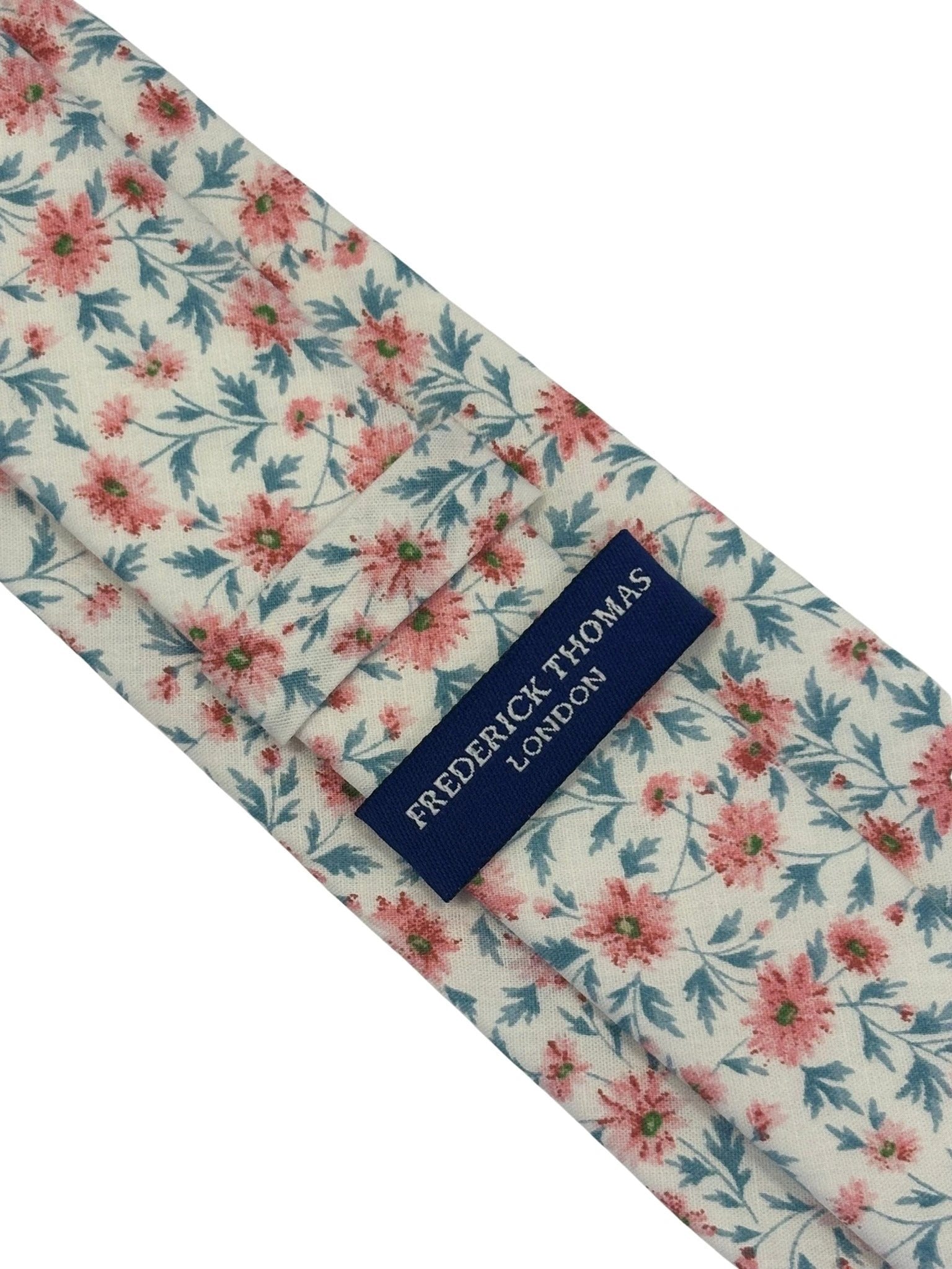 Ivory Pink Peach Cotton English Wildflower Garden Design Tie - Handmade Statement Piece For Elegant Office Wear by Frederick Thomas Handmade Mens Ties