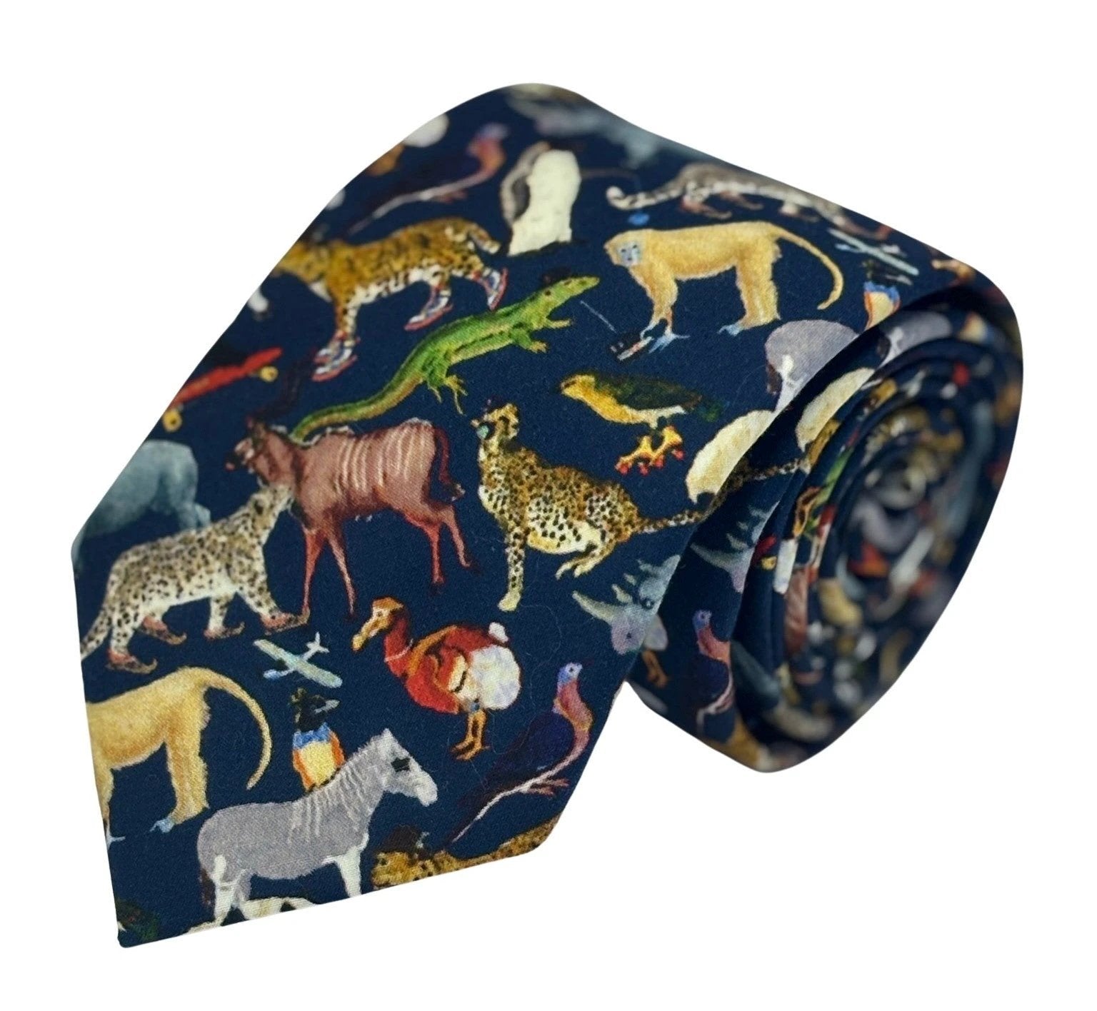 Navy Blue Cotton Tie With Liberty Style Jungle Animal Design by Frederick Thomas Handmade Mens Ties