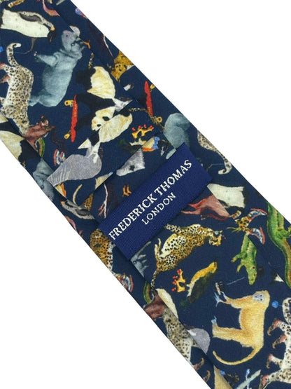 Navy Blue Cotton Tie With Liberty Style Jungle Animal Design by Frederick Thomas Handmade Mens Ties