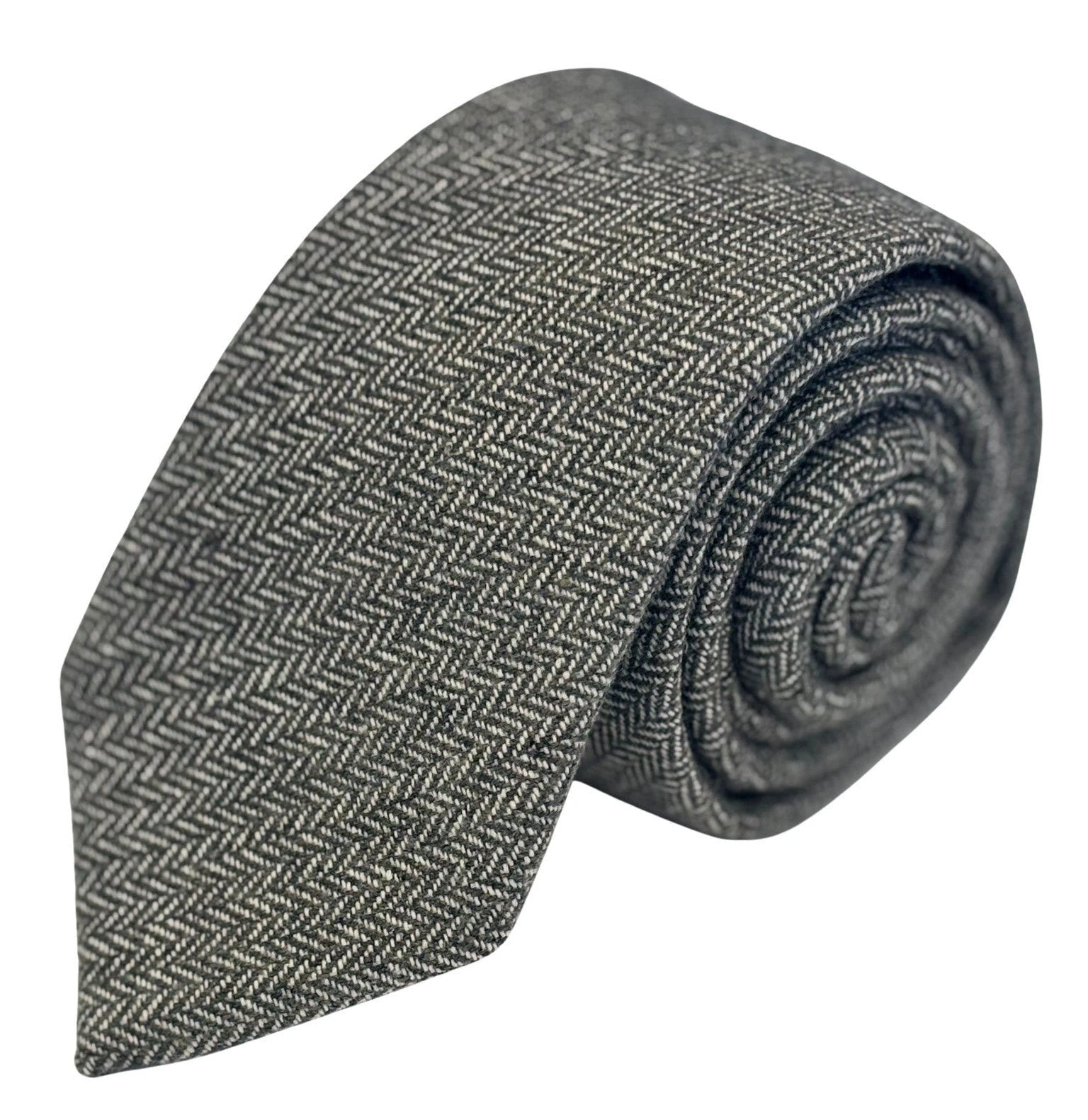 Dark Grey And Cream Wool Tie With Herringbone Design - Handcrafted Wool For Timeless Elegance by Frederick Thomas Handmade Mens Ties