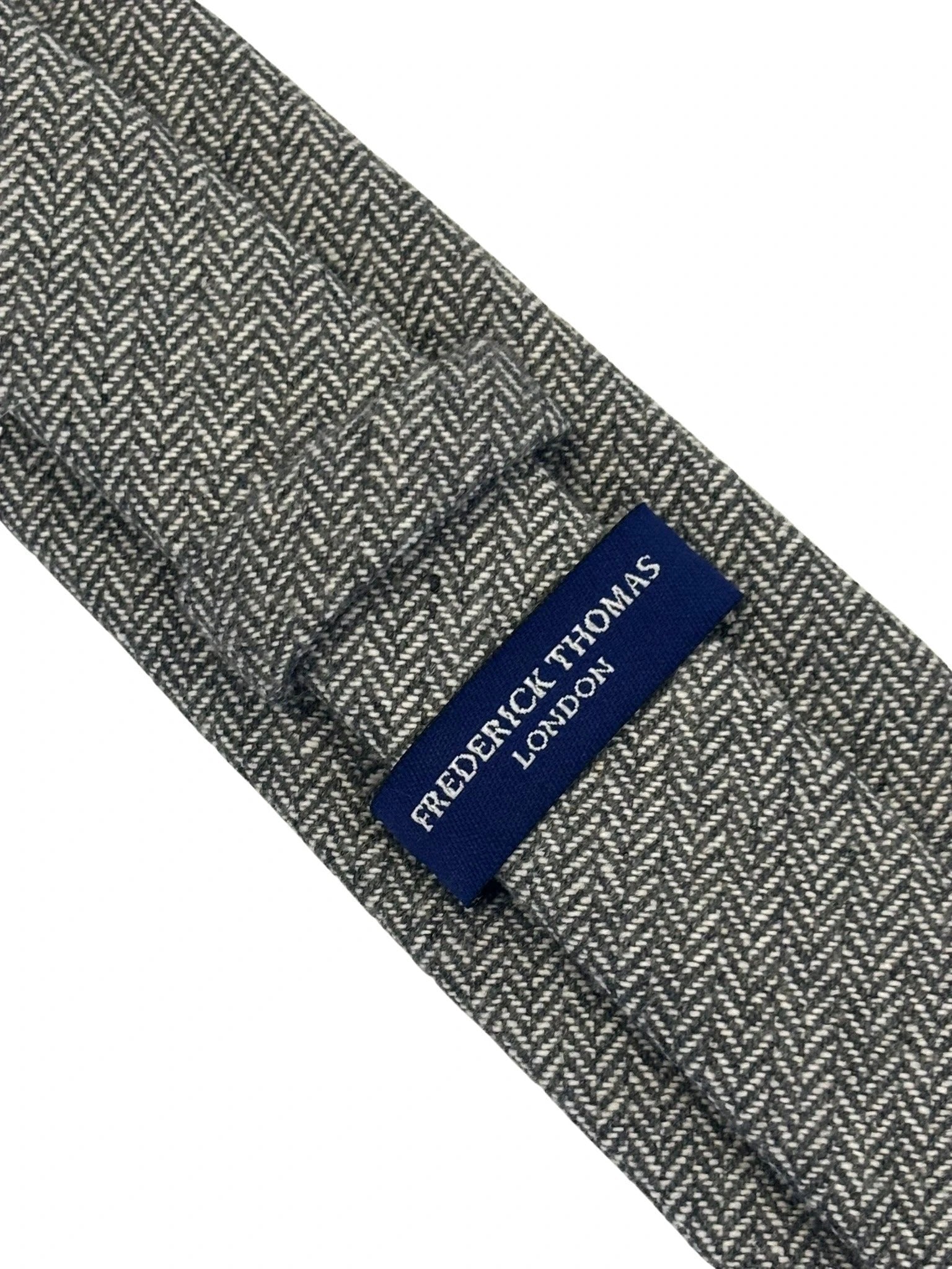 Dark Grey And Cream Wool Tie With Herringbone Design - Handcrafted Wool For Timeless Elegance by Frederick Thomas Handmade Mens Ties