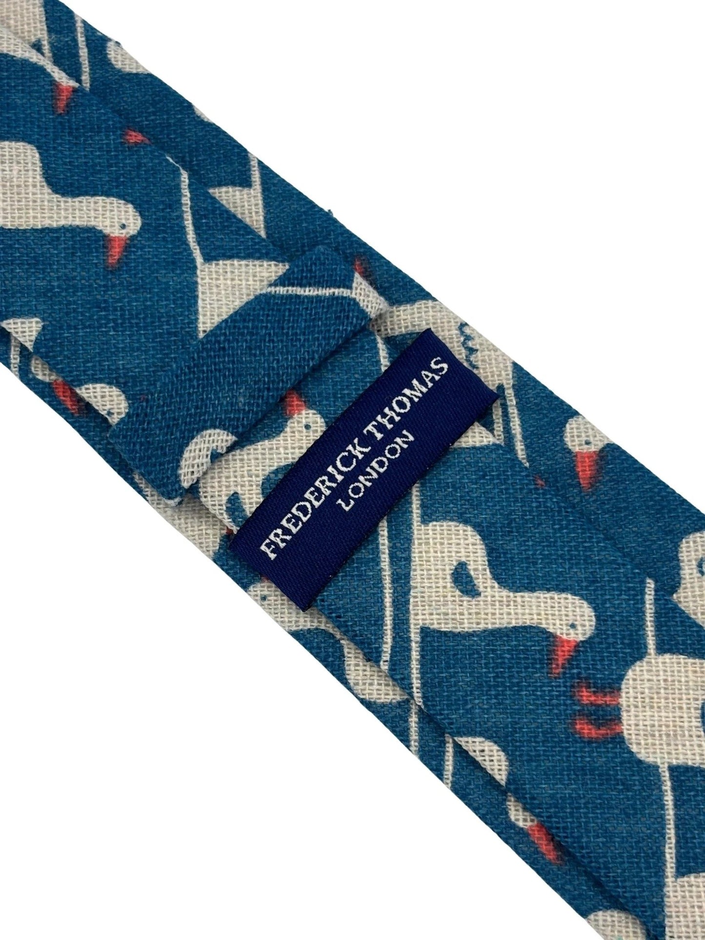 Cobalt Medium Blue Linen Tie With White Goose Duck Design - Handmade By Frederick Thomas Exclusive British Craftsmanship by Frederick Thomas Handmade Mens Ties