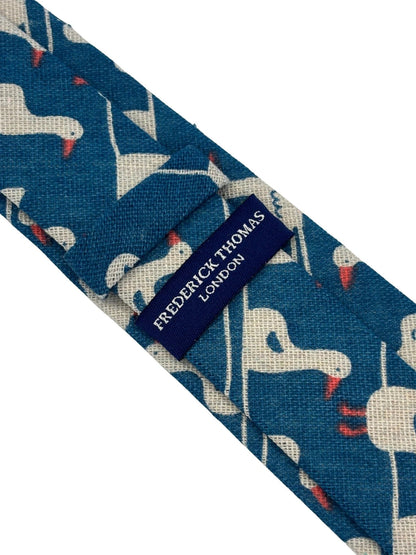 Cobalt Medium Blue Linen Tie With White Goose Duck Design - Handmade By Frederick Thomas Exclusive British Craftsmanship by Frederick Thomas Handmade Mens Ties