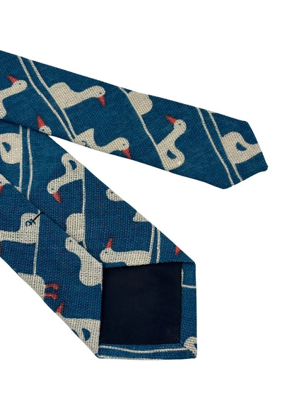 Cobalt Medium Blue Linen Tie With White Goose Duck Design - Handmade By Frederick Thomas Exclusive British Craftsmanship by Frederick Thomas Handmade Mens Ties