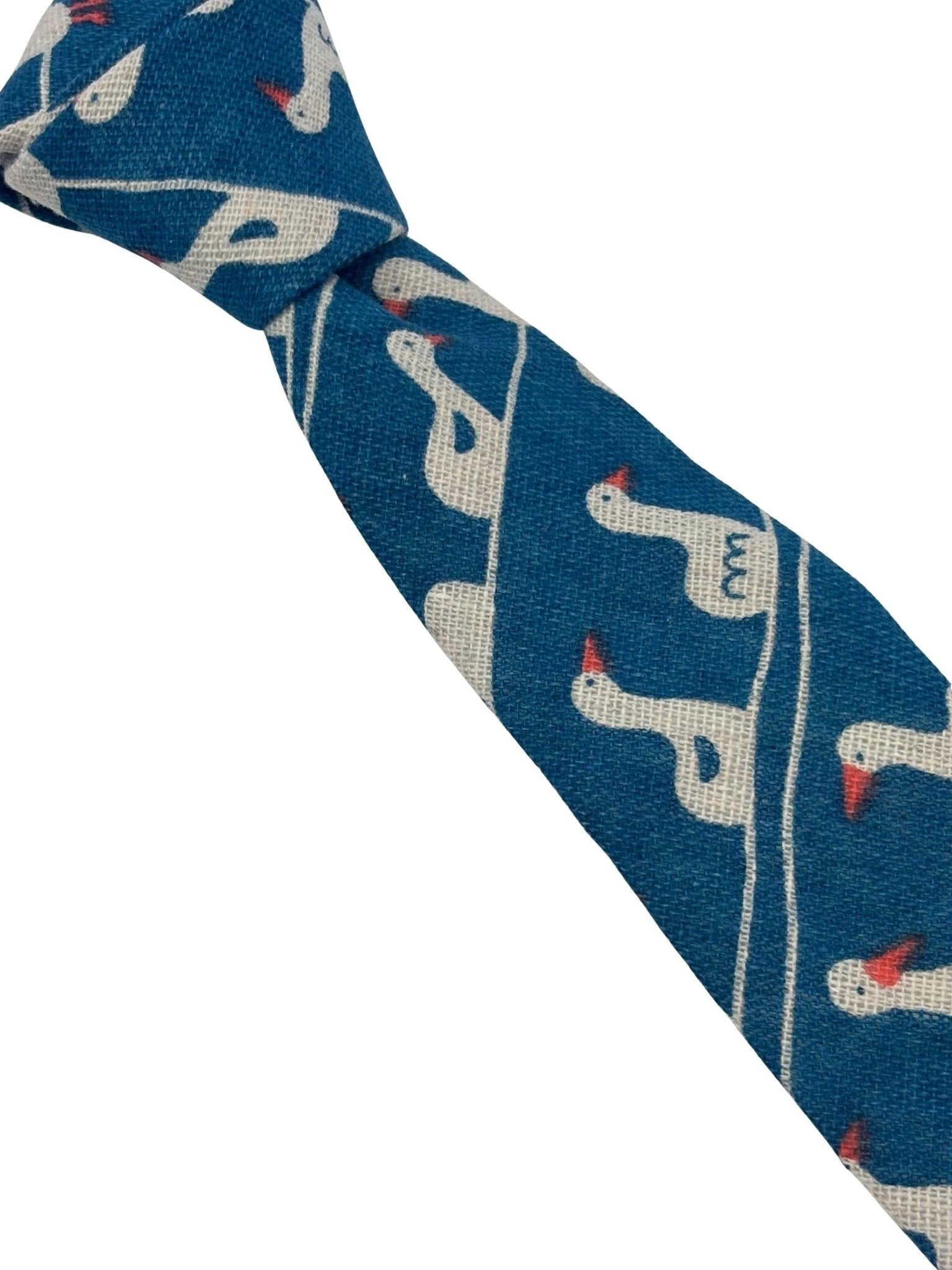 Cobalt Medium Blue Linen Tie With White Goose Duck Design - Handmade By Frederick Thomas Exclusive British Craftsmanship by Frederick Thomas Handmade Mens Ties