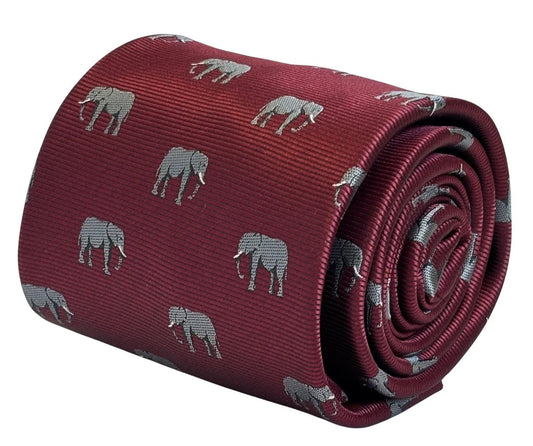Maroon Red Burgundy Tie With Grey African Elephant Design - Handmade British Craftsmanship For Distinctive Formal Style by Frederick Thomas Handmade Mens Ties