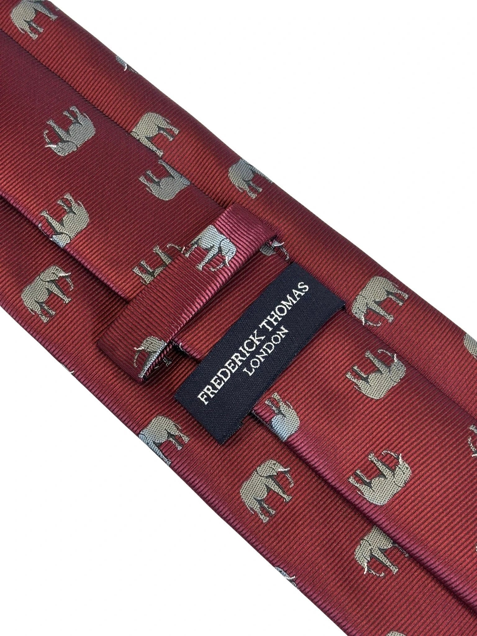 Maroon Red Burgundy Tie With Grey African Elephant Design - Handmade British Craftsmanship For Distinctive Formal Style by Frederick Thomas Handmade Mens Ties