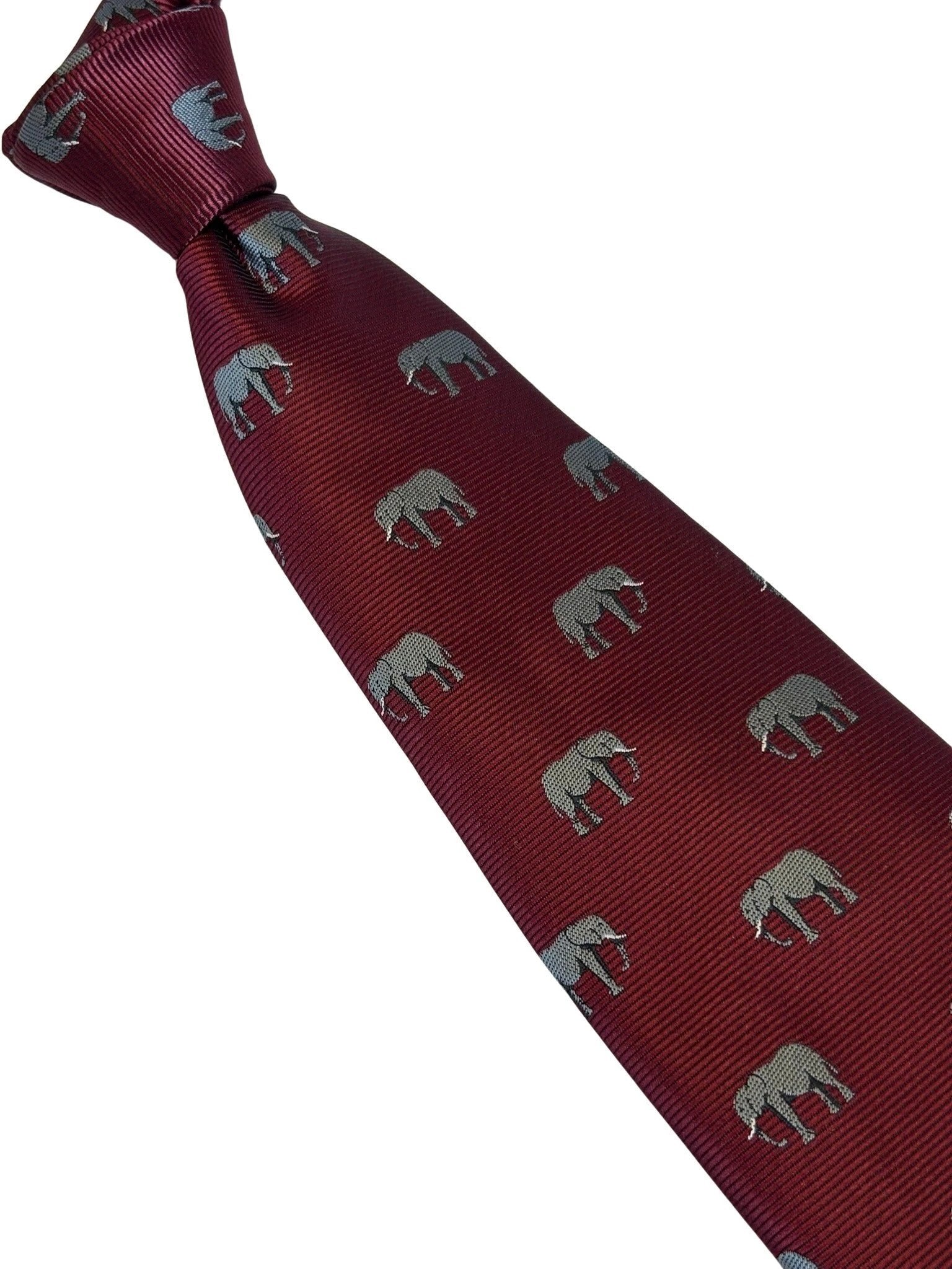 Maroon Red Burgundy Tie With Grey African Elephant Design - Handmade British Craftsmanship For Distinctive Formal Style by Frederick Thomas Handmade Mens Ties