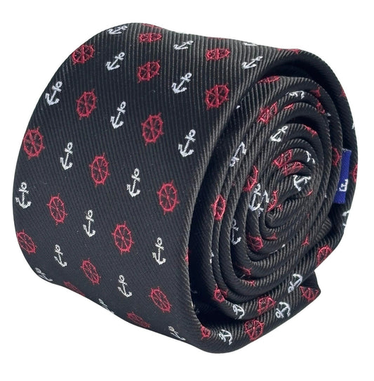 Frederick Thomas Black Tie With Nautical Anchor And Ship Wheel Design - Command Attention With Maritime Style by Frederick Thomas Handmade Mens Ties