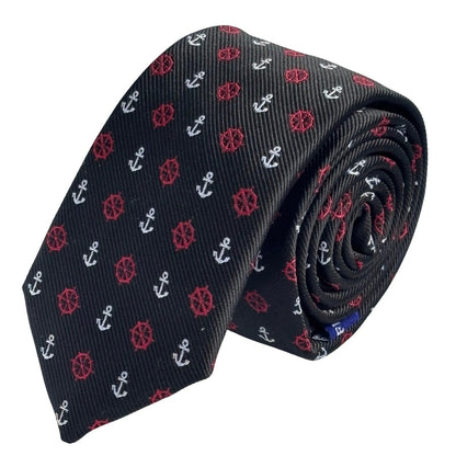 Frederick Thomas Black Tie With Nautical Anchor And Ship Wheel Design - Command Attention With Maritime Style by Frederick Thomas Handmade Mens Ties
