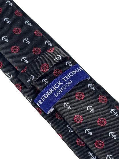 Frederick Thomas Black Tie With Nautical Anchor And Ship Wheel Design - Command Attention With Maritime Style by Frederick Thomas Handmade Mens Ties