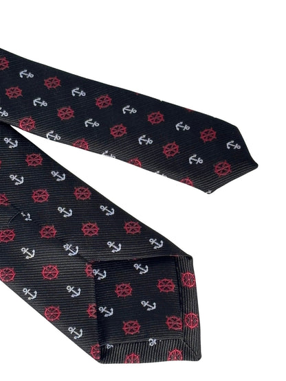 Frederick Thomas Black Tie With Nautical Anchor And Ship Wheel Design - Command Attention With Maritime Style by Frederick Thomas Handmade Mens Ties