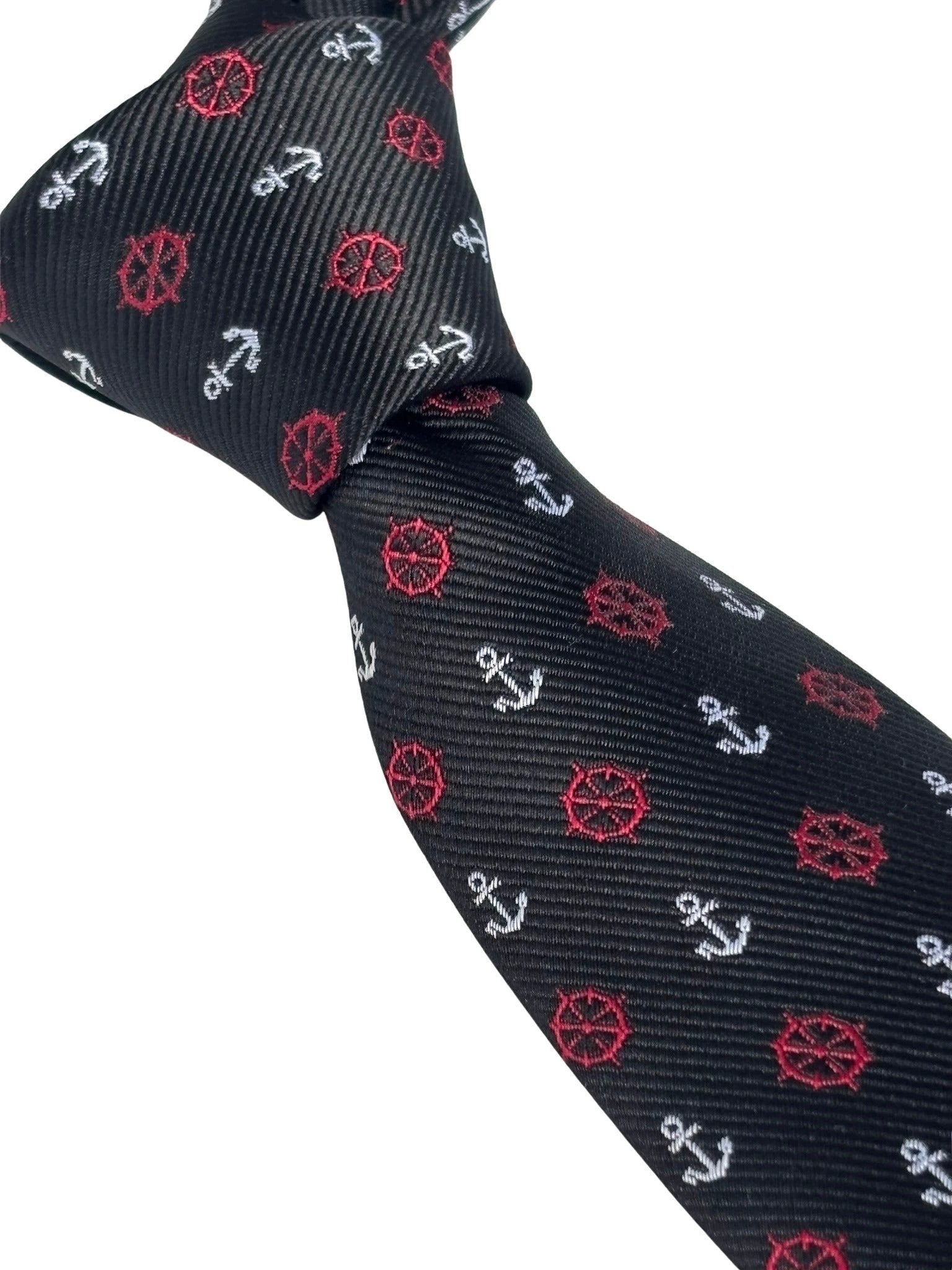 Frederick Thomas Black Tie With Nautical Anchor And Ship Wheel Design - Command Attention With Maritime Style by Frederick Thomas Handmade Mens Ties