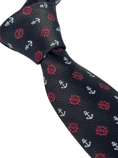 Frederick Thomas Black Tie With Nautical Anchor And Ship Wheel Design - Command Attention With Maritime Style by Frederick Thomas Handmade Mens Ties