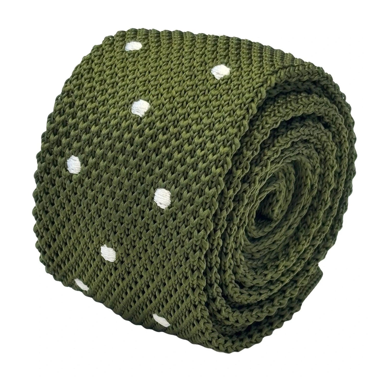 Handmade Knitted Tie In Khaki Green With White Polka Dots - Subtle Luxury For Smart Business And Casual Looks by Frederick Thomas Handmade Mens Ties