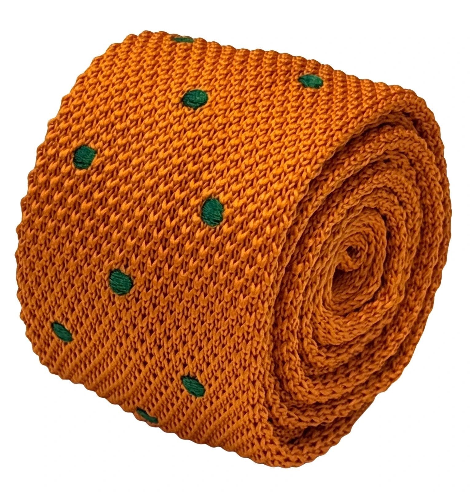 Frederick Thomas Handmade Knitted Tie In Bright Orange With Polka Dots - Timeless Craftsmanship Meets Modern Flair by Frederick Thomas Handmade Mens Ties