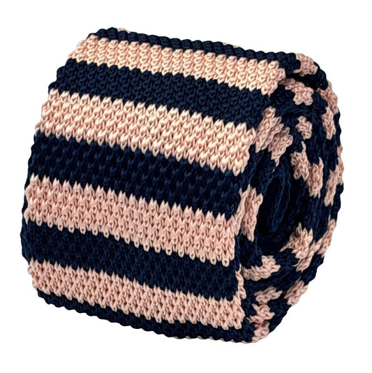 Handmade Knitted Tie in Navy Dark Blue and Baby Light Pink Stripes by Frederick Thomas Handmade Mens Ties