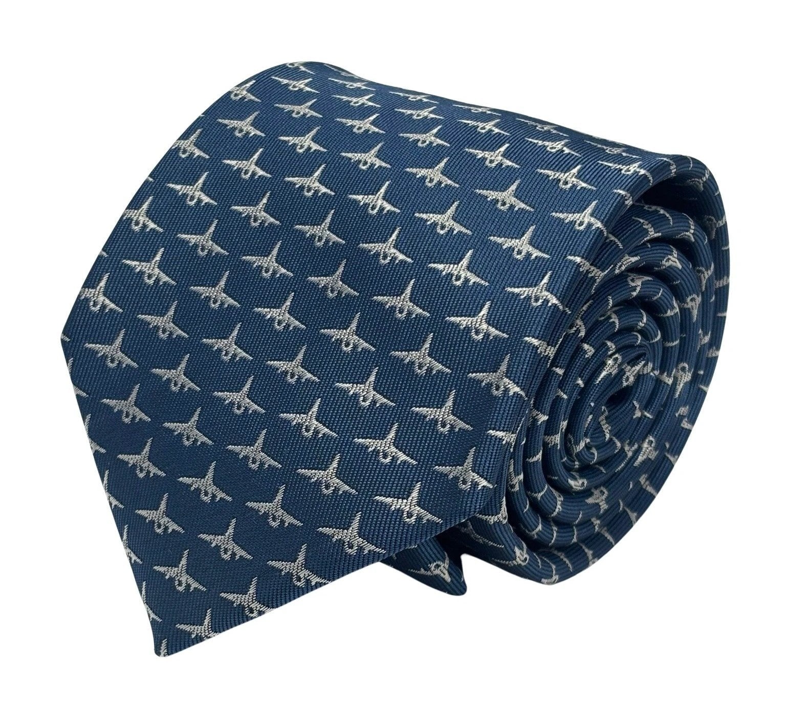 Medium Denim Blue Handmade Tie - Fighter Aircraft Design Symbolising Ambition And Confidence by Frederick Thomas Handmade Mens Ties