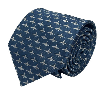 Medium Denim Blue Handmade Tie - Fighter Aircraft Design Symbolising Ambition And Confidence by Frederick Thomas Handmade Mens Ties