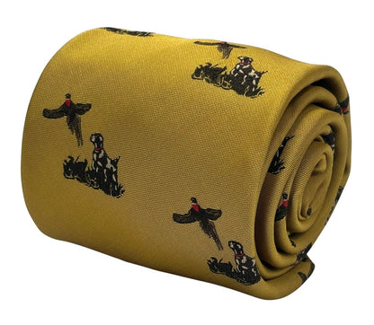 Frederick Thomas Mustard Tie - Handcrafted English Elegance With Hunting Dogs And Pheasant Motif by Frederick Thomas Handmade Mens Ties