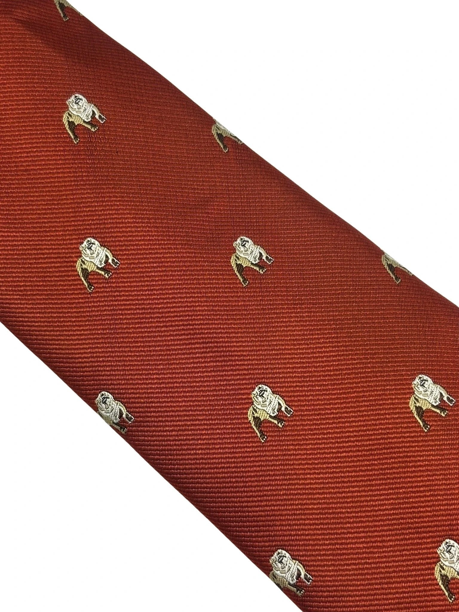 Burnt Orange Red Tie with Embroidered British Bulldog Design by Frederick Thomas Handmade Mens Ties
