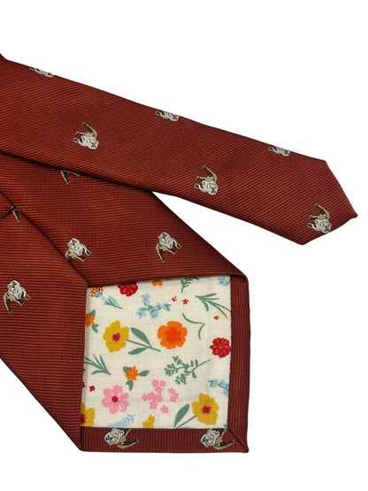 Burnt Orange Red Tie with Embroidered British Bulldog Design by Frederick Thomas Handmade Mens Ties