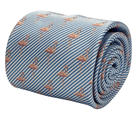 Handmade Light Blue And White Pin Stripe Tie With Pink Flamingo Design - Polished Statement Piece For Confident Style by Frederick Thomas Handmade Mens Ties
