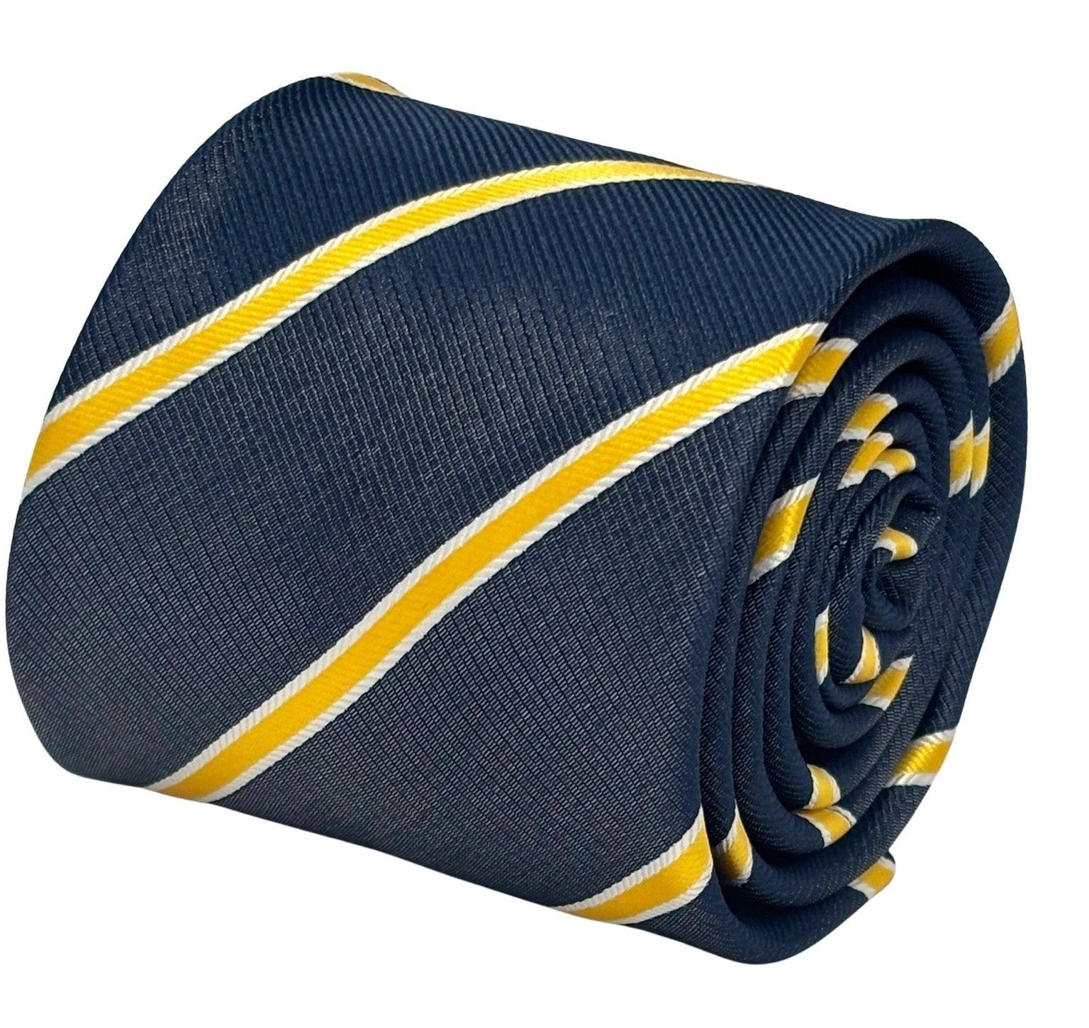 Handmade Midnight Grey Blue Tie - Bold Yellow and White Club Stripe for Contemporary Formal Style by Frederick Thomas Handmade Mens Ties
