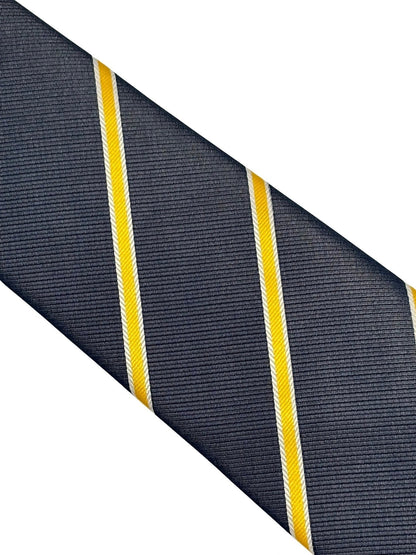 Handmade Midnight Grey Blue Tie - Bold Yellow and White Club Stripe for Contemporary Formal Style by Frederick Thomas Handmade Mens Ties