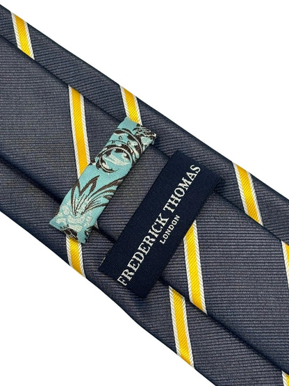Handmade Midnight Grey Blue Tie - Bold Yellow and White Club Stripe for Contemporary Formal Style by Frederick Thomas Handmade Mens Ties